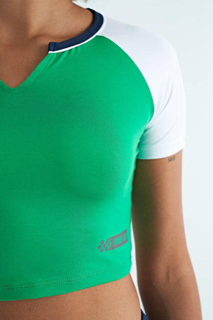 Green Color Block Logo Printed O Neck Slim Fit Women's Crop T-Shirt - 97270
