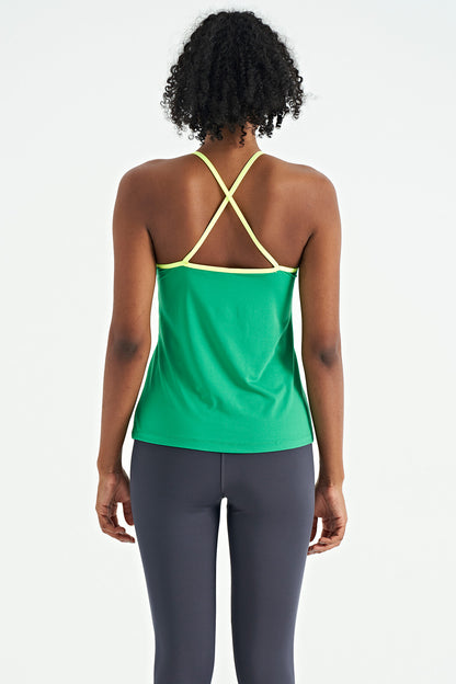 Green Back Cross Strap Detailed Standard Cut Women's Sports Singlet - 97261