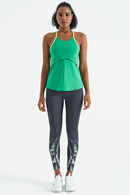 Green Back Cross Strap Detailed Standard Cut Women's Sports Singlet - 97261