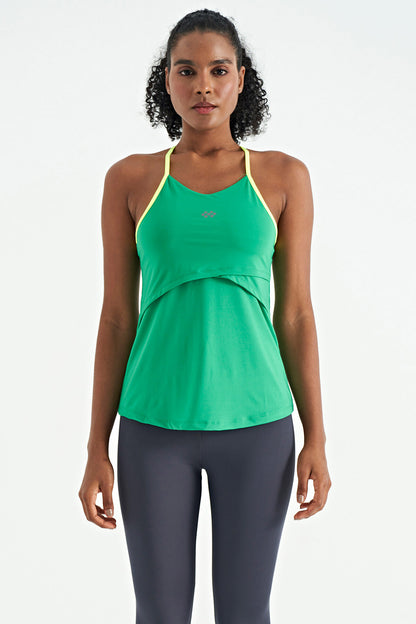 Green Back Cross Strap Detailed Standard Cut Women's Sports Singlet - 97261