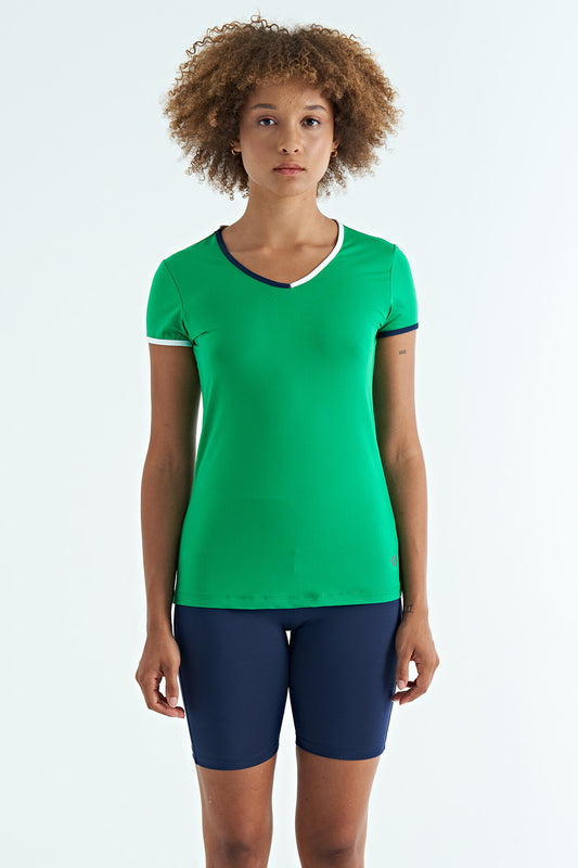 Green V Neck Standard Fit Short Sleeve Women's Sport T-Shirt - 97268