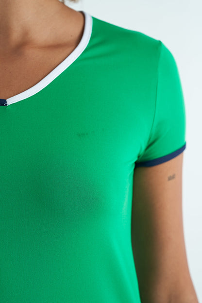 Green V Neck Standard Fit Short Sleeve Women's Sport T-Shirt - 97268