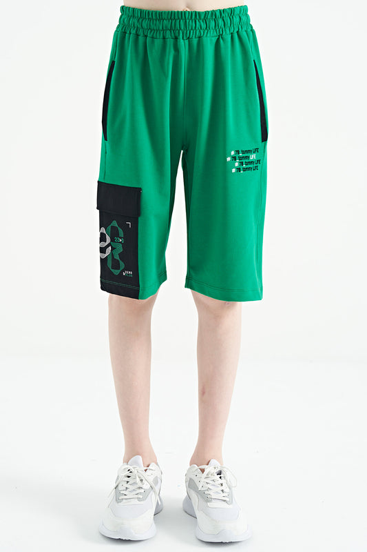 Green Side Pocket Detailed Embroidered Standard Fit Boys Shorts - 11142