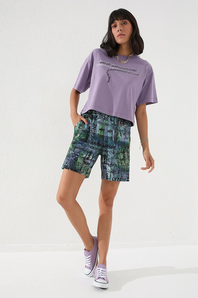 Green Print Pattern Laced Comfort Fit Bermuda Women's Shorts - 91006