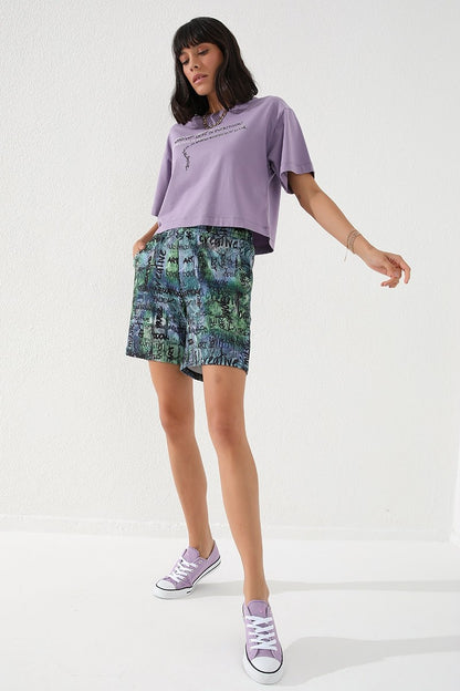 Green Print Pattern Laced Comfort Fit Bermuda Women's Shorts - 91006