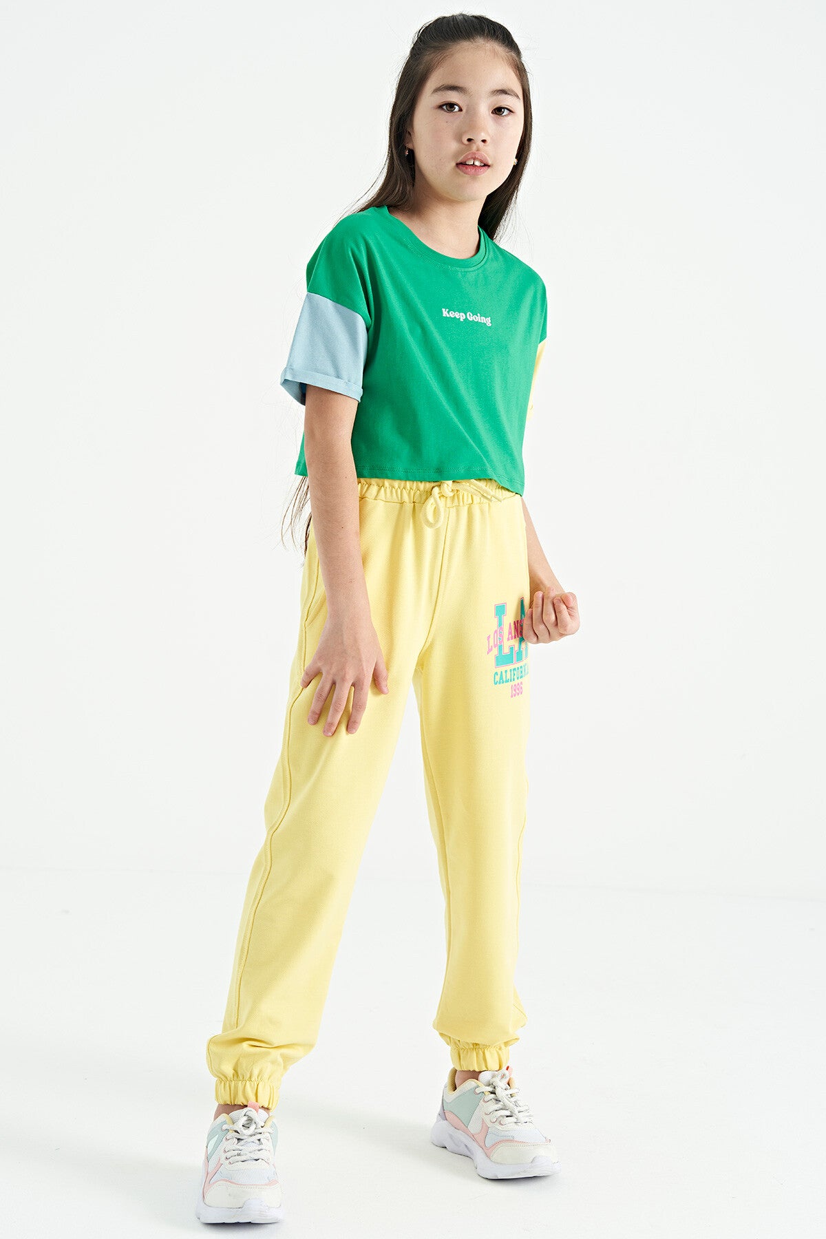 Green Print O Collar Low Shoulder Oversize Girl's T-Shirt - 75130
