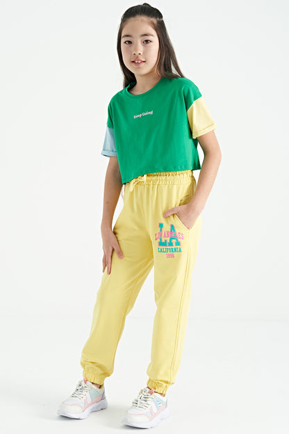 Green Print O Collar Low Shoulder Oversize Girl's T-Shirt - 75130