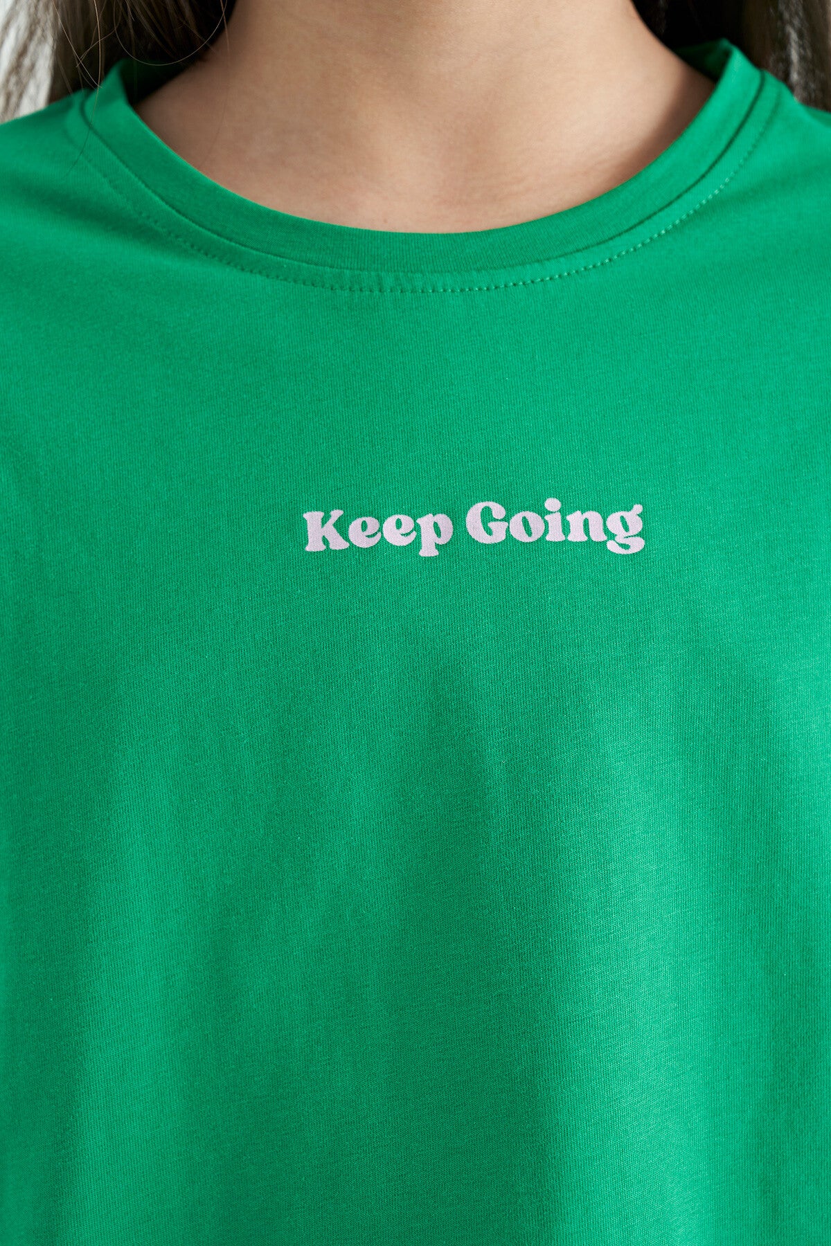 Green Print O Collar Low Shoulder Oversize Girl's T-Shirt - 75130