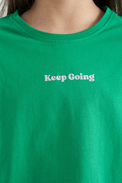 Green Print O Collar Low Shoulder Oversize Girl's T-Shirt - 75130