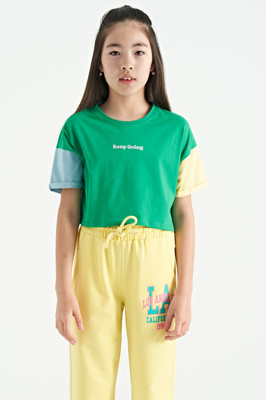 Green Print O Collar Low Shoulder Oversize Girl's T-Shirt - 75130