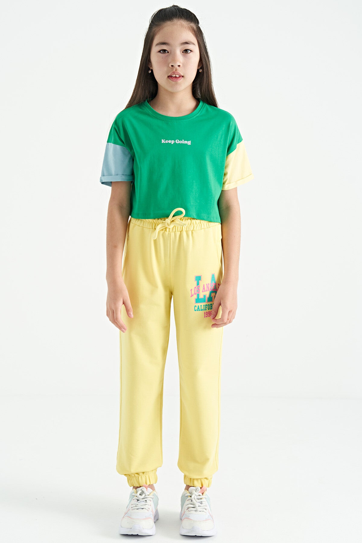 Green Print O Collar Low Shoulder Oversize Girl's T-Shirt - 75130