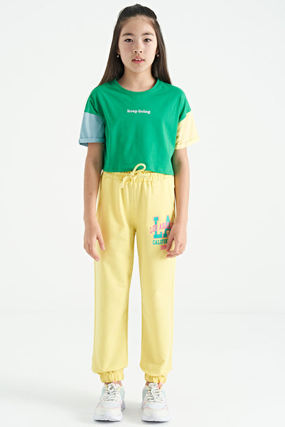 Green Print O Collar Low Shoulder Oversize Girl's T-Shirt - 75130