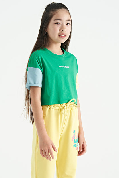 Green Print O Collar Low Shoulder Oversize Girl's T-Shirt - 75130