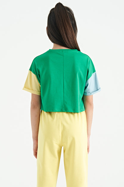 Green Print O Collar Low Shoulder Oversize Girl's T-Shirt - 75130