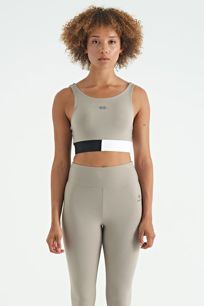 Olive Green Color Block Logo Print Slim Fit Striped Women's Bustier - 97275