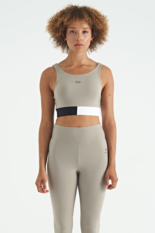 Olive Green Color Block Logo Print Slim Fit Striped Women's Bustier - 97275