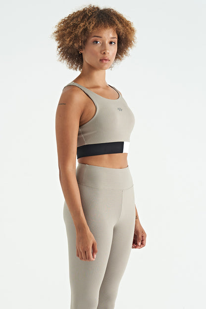 Olive Green Color Block Logo Print Slim Fit Striped Women's Bustier - 97275