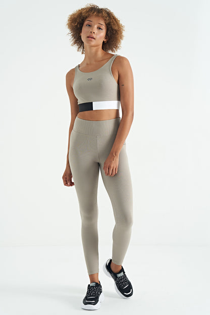 Olive Green Color Block Logo Print Slim Fit Striped Women's Bustier - 97275