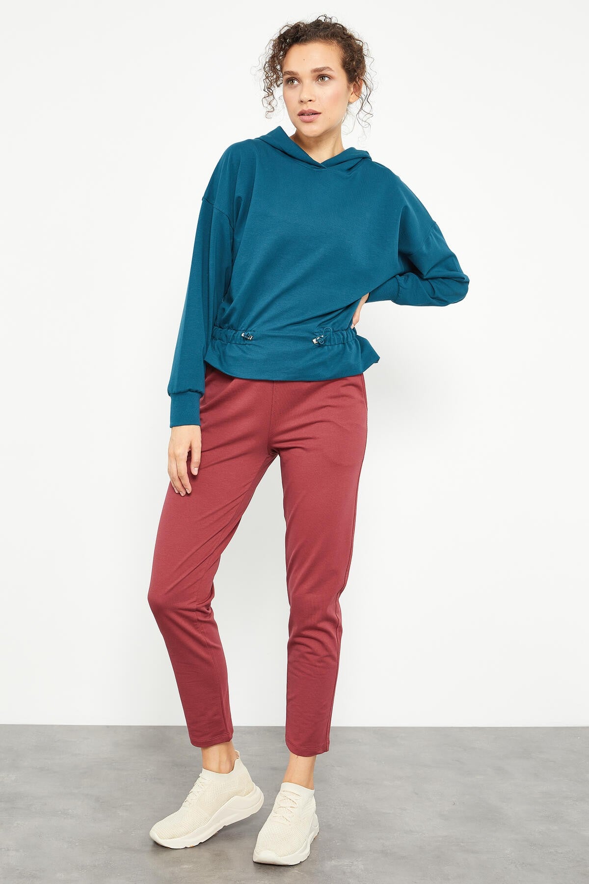 Emerald Waist Gathered Hooded Women's Oversize Sweatshirt - 97159
