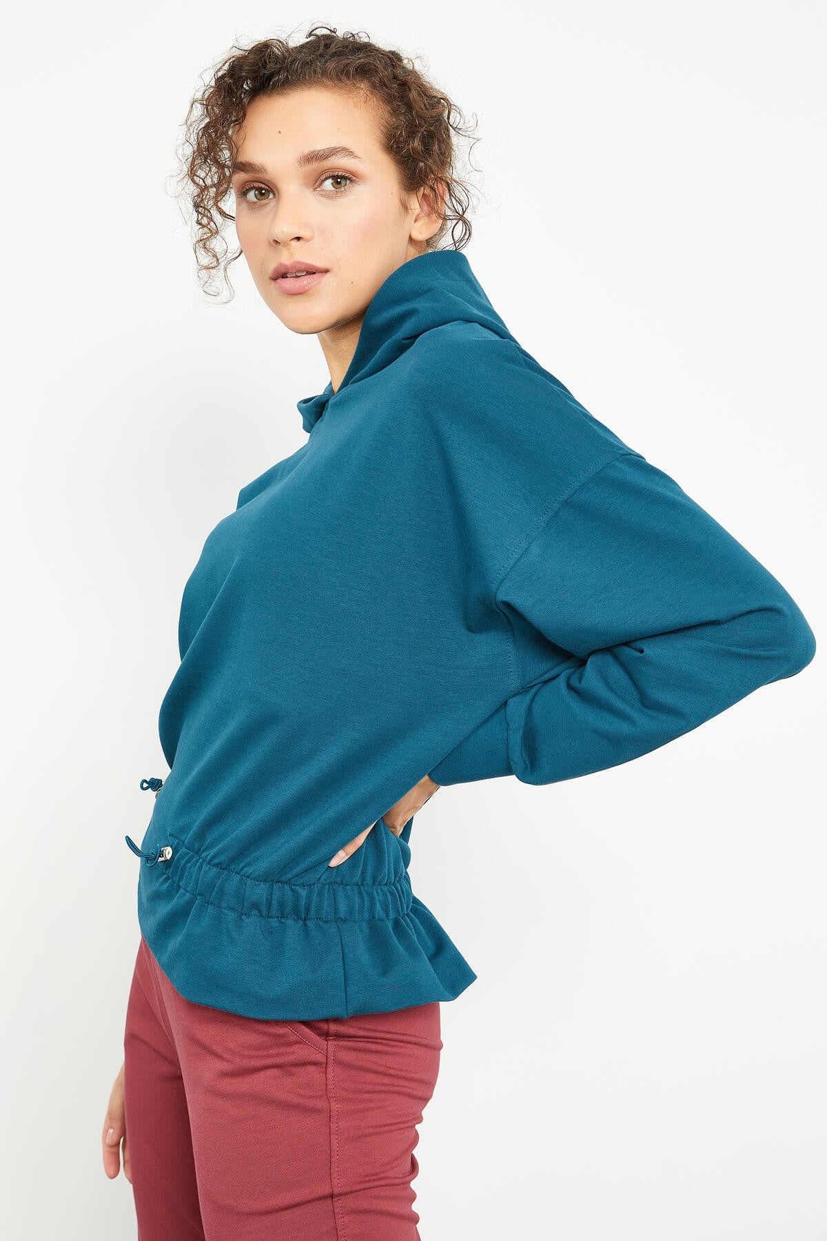 Emerald Waist Gathered Hooded Women's Oversize Sweatshirt - 97159