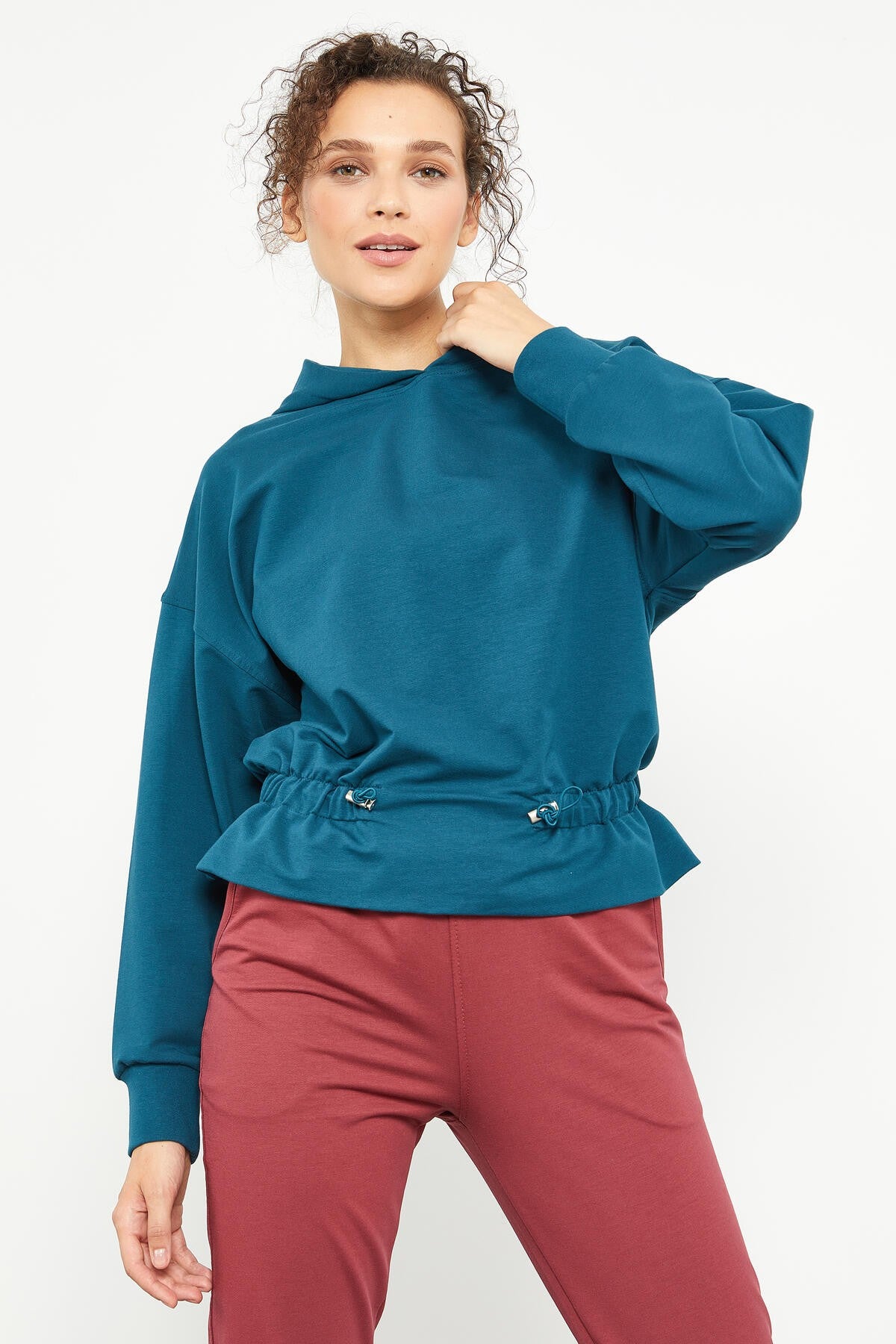 Emerald Waist Gathered Hooded Women's Oversize Sweatshirt - 97159