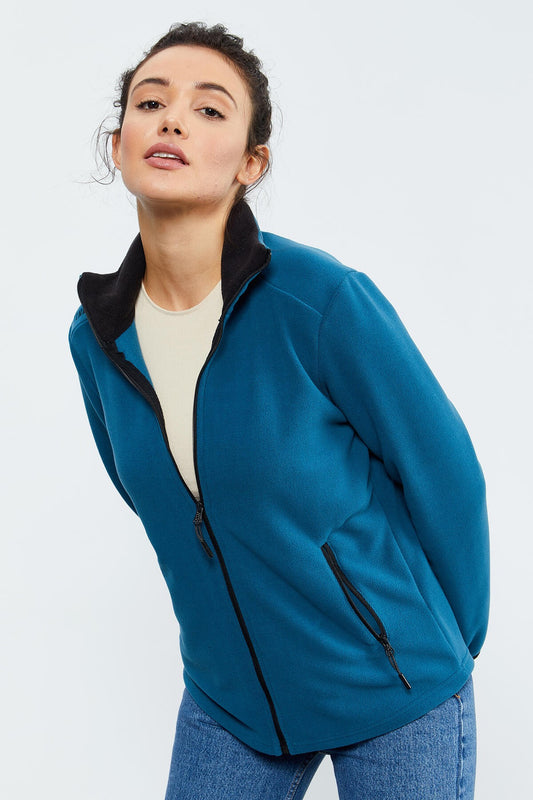 Emerald Green Stand-Up Collar Zippered Comfort Fit Women's Fleece Sweatshirt - 97173