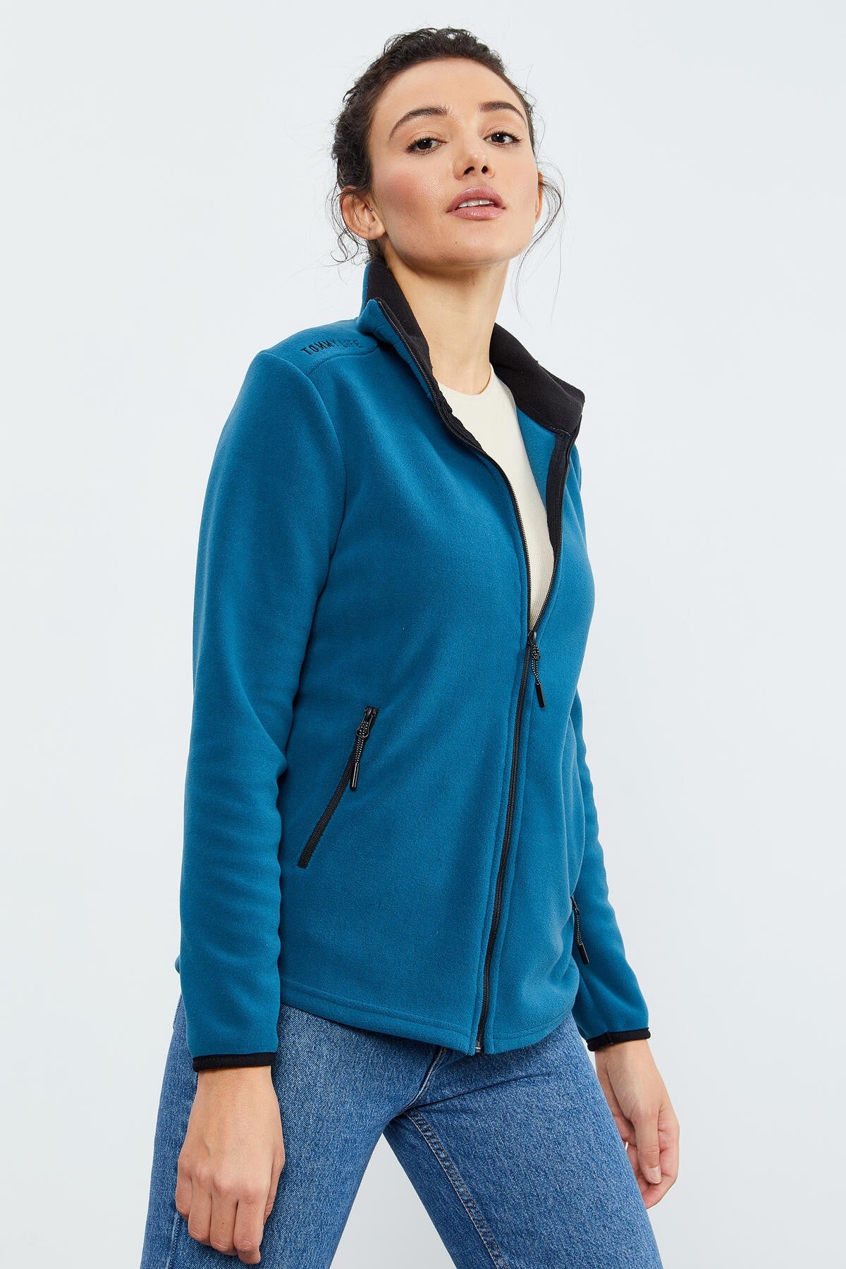 Emerald Green Stand-Up Collar Zippered Comfort Fit Women's Fleece Sweatshirt - 97173
