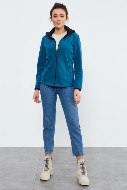Emerald Green Stand-Up Collar Zippered Comfort Fit Women's Fleece Sweatshirt - 97173