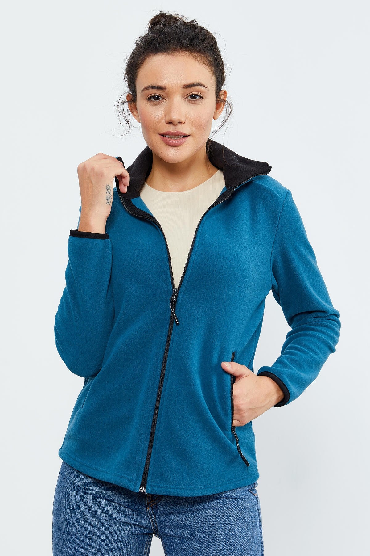 Emerald Green Stand-Up Collar Zippered Comfort Fit Women's Fleece Sweatshirt - 97173