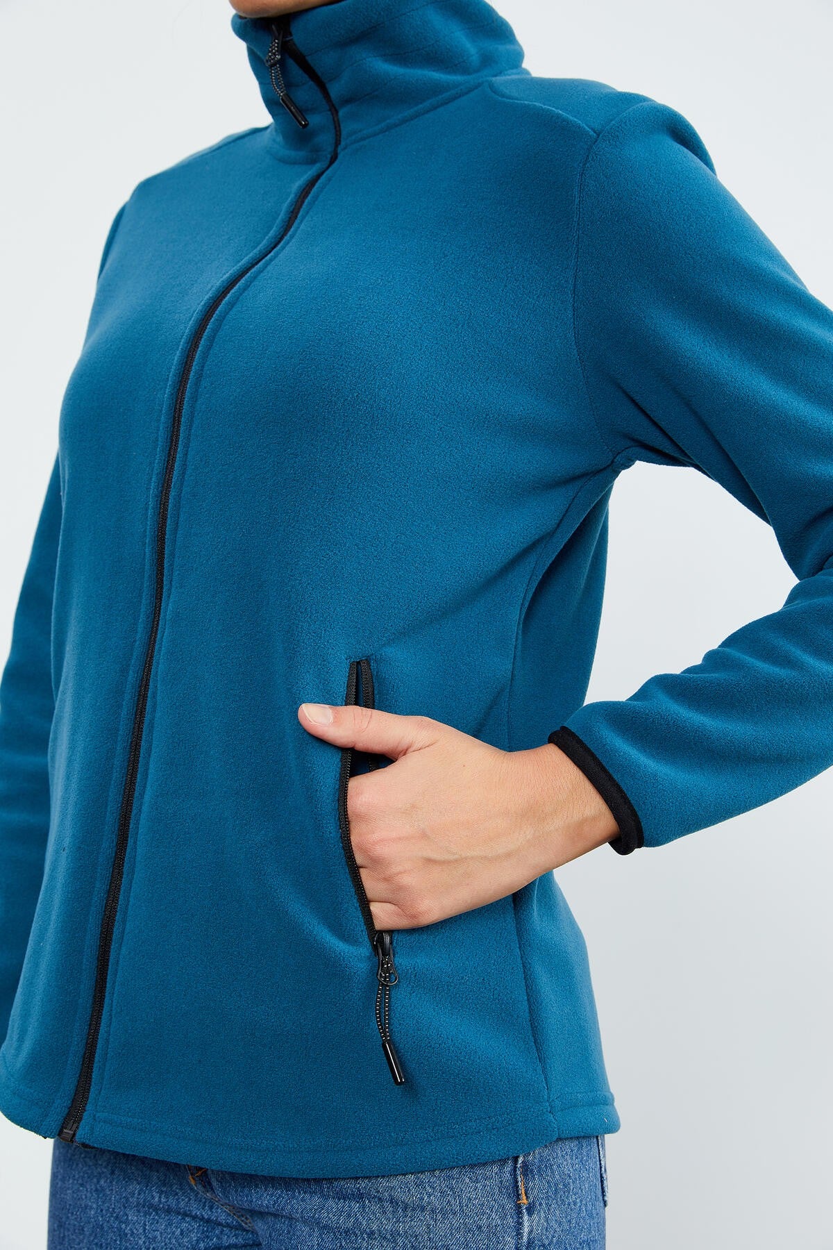 Emerald Green Stand-Up Collar Zippered Comfort Fit Women's Fleece Sweatshirt - 97173