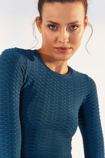 Emerald Self-Patterned O Collar Long Sleeve Women's Crop Top T-Shirt - 97153