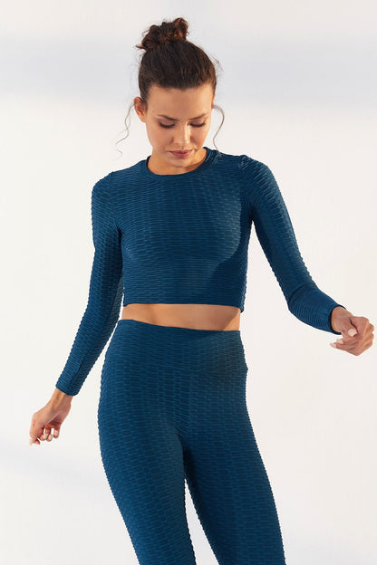 Emerald Self-Patterned O Collar Long Sleeve Women's Crop Top T-Shirt - 97153
