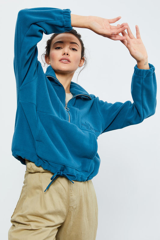 Emerald Half Zipper Skirt with Gathered Hem Women's Polar Oversize Sweatshirt - 97171