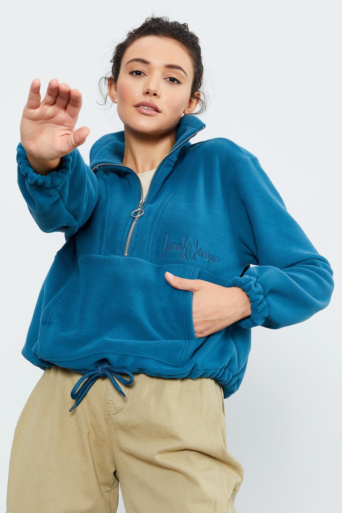 Emerald Half Zipper Skirt with Gathered Hem Women's Polar Oversize Sweatshirt - 97171