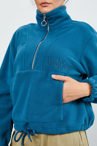 Emerald Half Zipper Skirt with Gathered Hem Women's Polar Oversize Sweatshirt - 97171