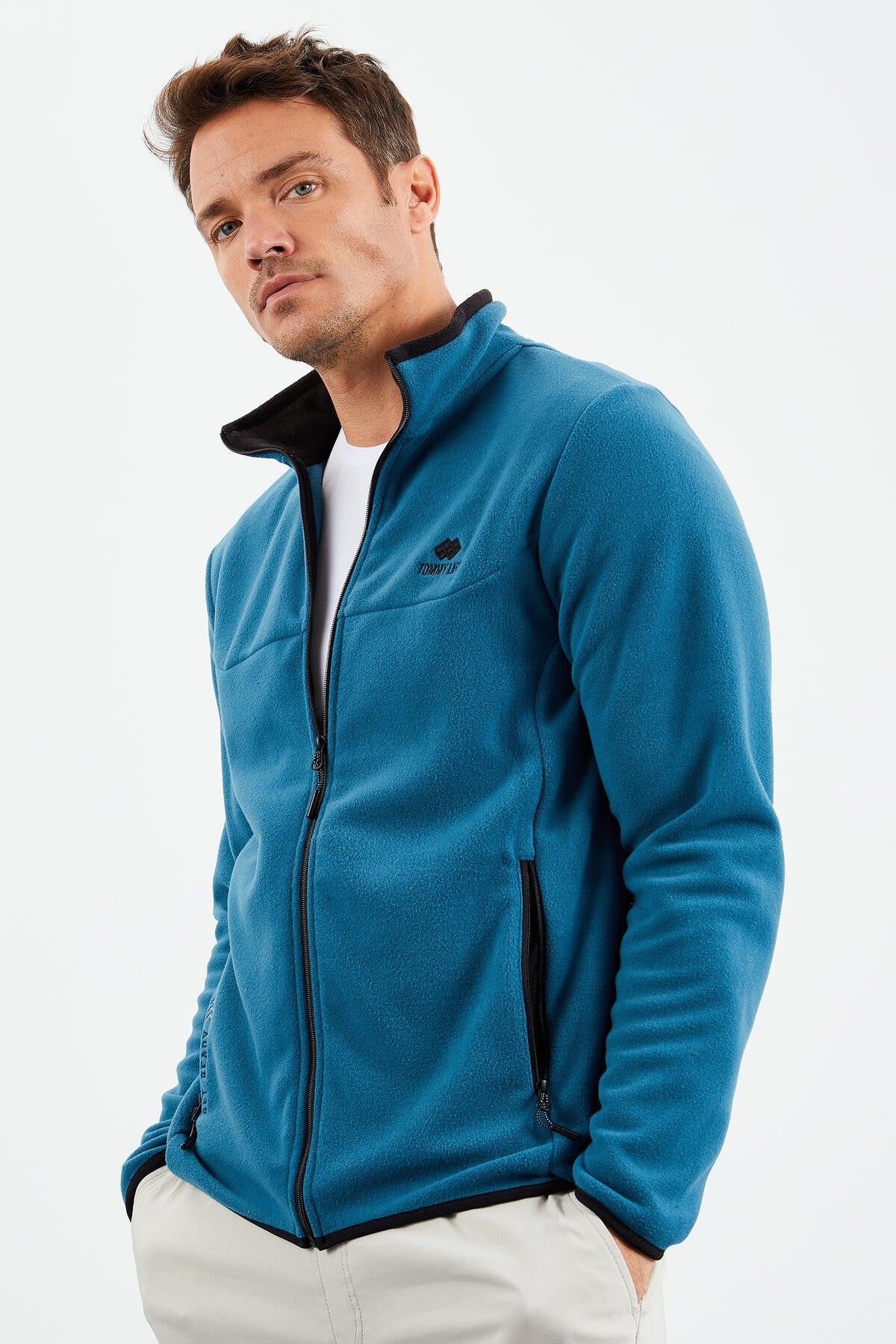 Emerald Green Embroidered High Collar Zippered Standard Fit Men's Sweatshirt Fleece - 87992