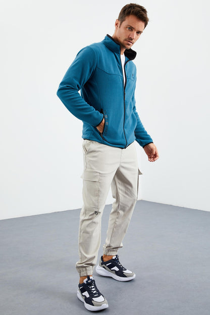 Emerald Green Embroidered High Collar Zippered Standard Fit Men's Sweatshirt Fleece - 87992