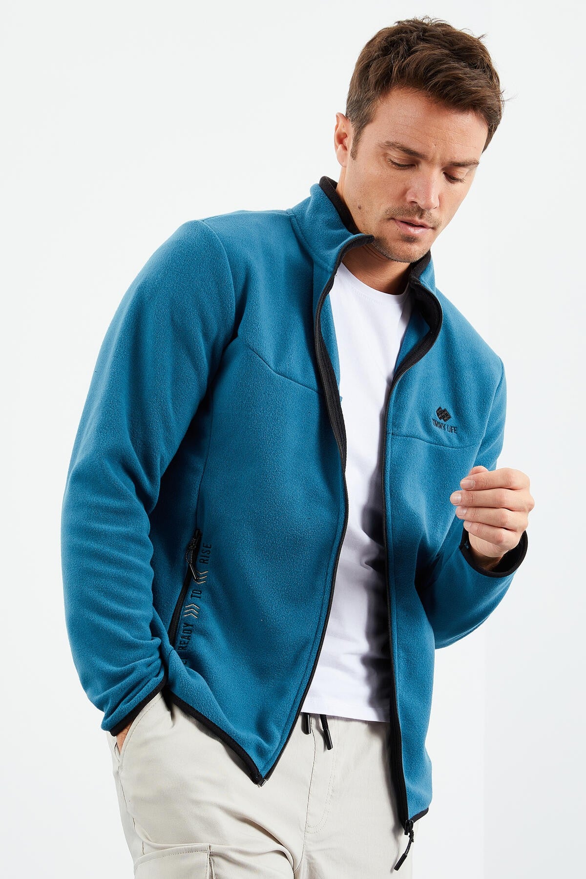 Emerald Green Embroidered High Collar Zippered Standard Fit Men's Sweatshirt Fleece - 87992