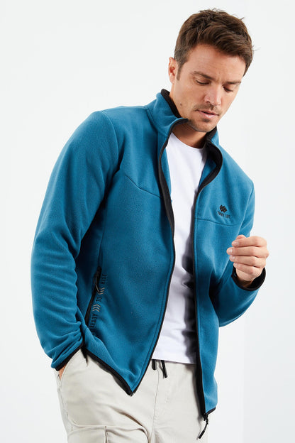 Emerald Green Embroidered High Collar Zippered Standard Fit Men's Sweatshirt Fleece - 87992