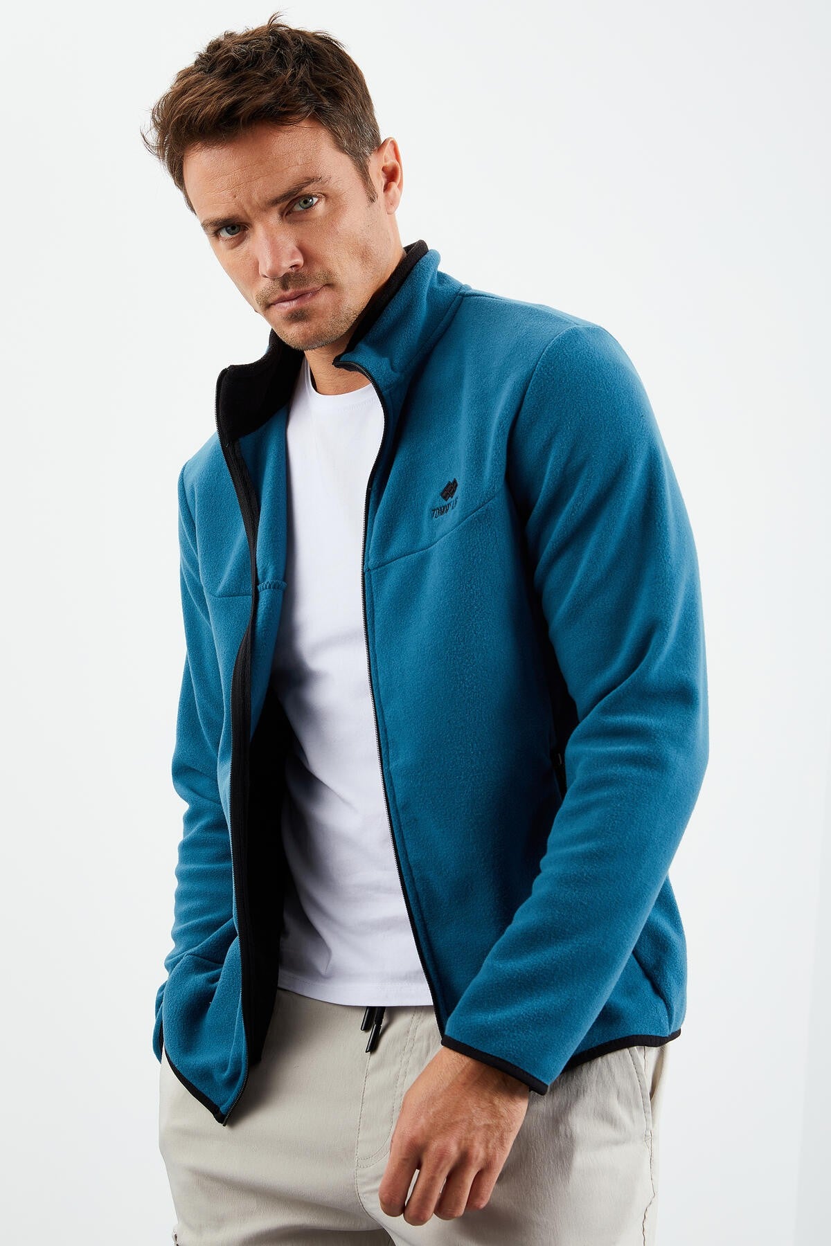 Emerald Green Embroidered High Collar Zippered Standard Fit Men's Sweatshirt Fleece - 87992