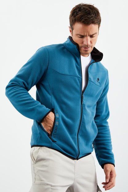 Emerald Green Embroidered High Collar Zippered Standard Fit Men's Sweatshirt Fleece - 87992