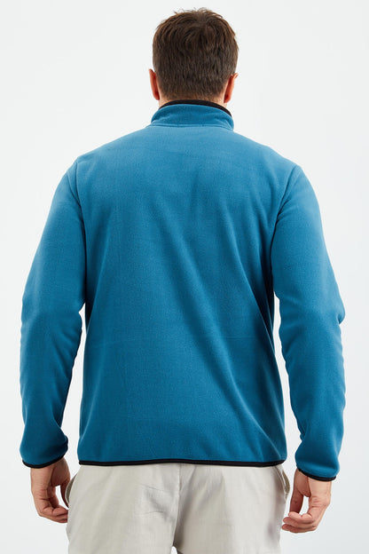Emerald Green Embroidered High Collar Zippered Standard Fit Men's Sweatshirt Fleece - 87992
