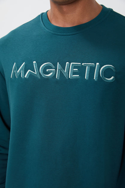 Emerald Green Embroidered O Neck Comfort Fit Fleece-Lined Men's Sweatshirt - 88020