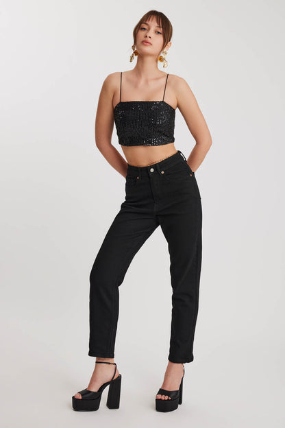 STRAIGHT FIT JEANS BLACK WITH SUTURES