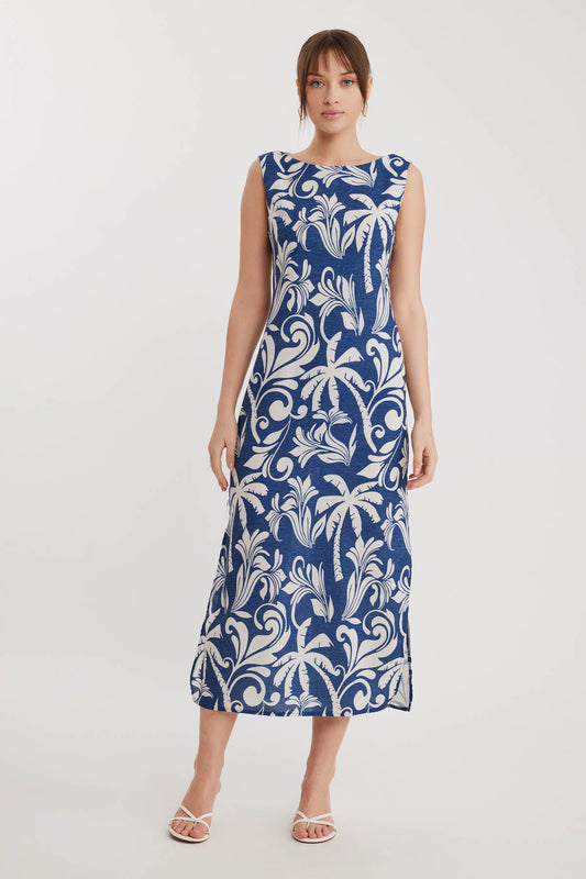 PALM PATTERN LONG DRESS WITH SPLIT