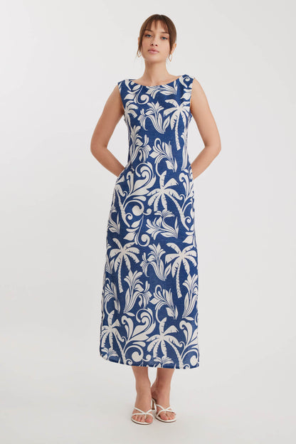 PALM PATTERN LONG DRESS WITH SPLIT