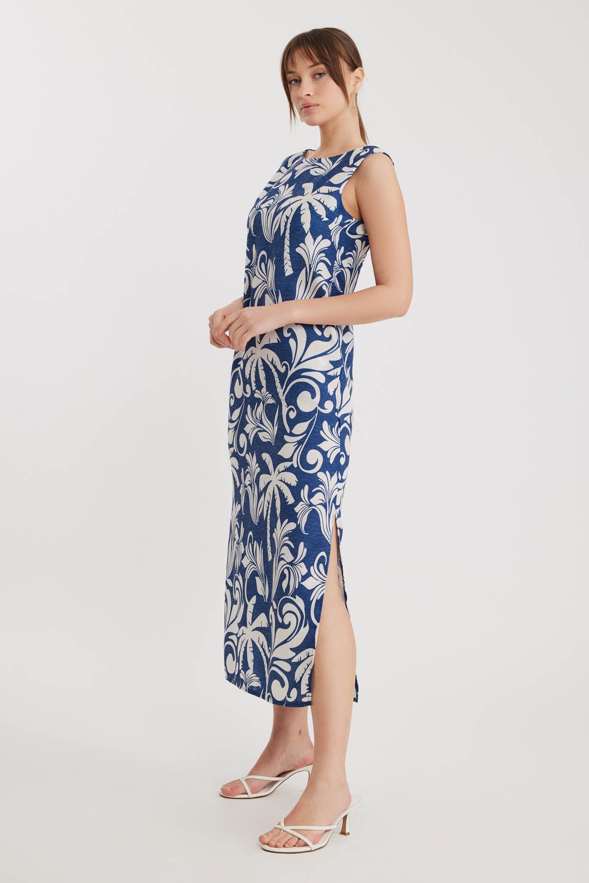PALM PATTERN LONG DRESS WITH SPLIT