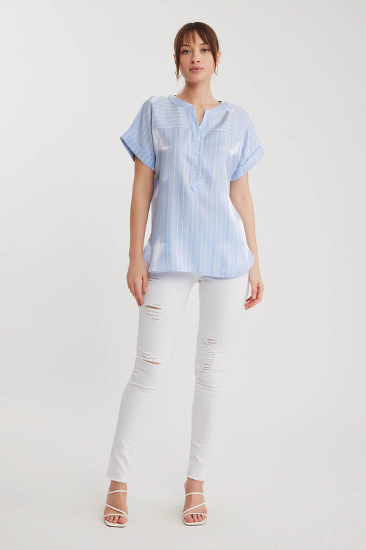BLOUSE WITH LOW SHOULDER BUTTON AND GLOSSY SATIN LINE