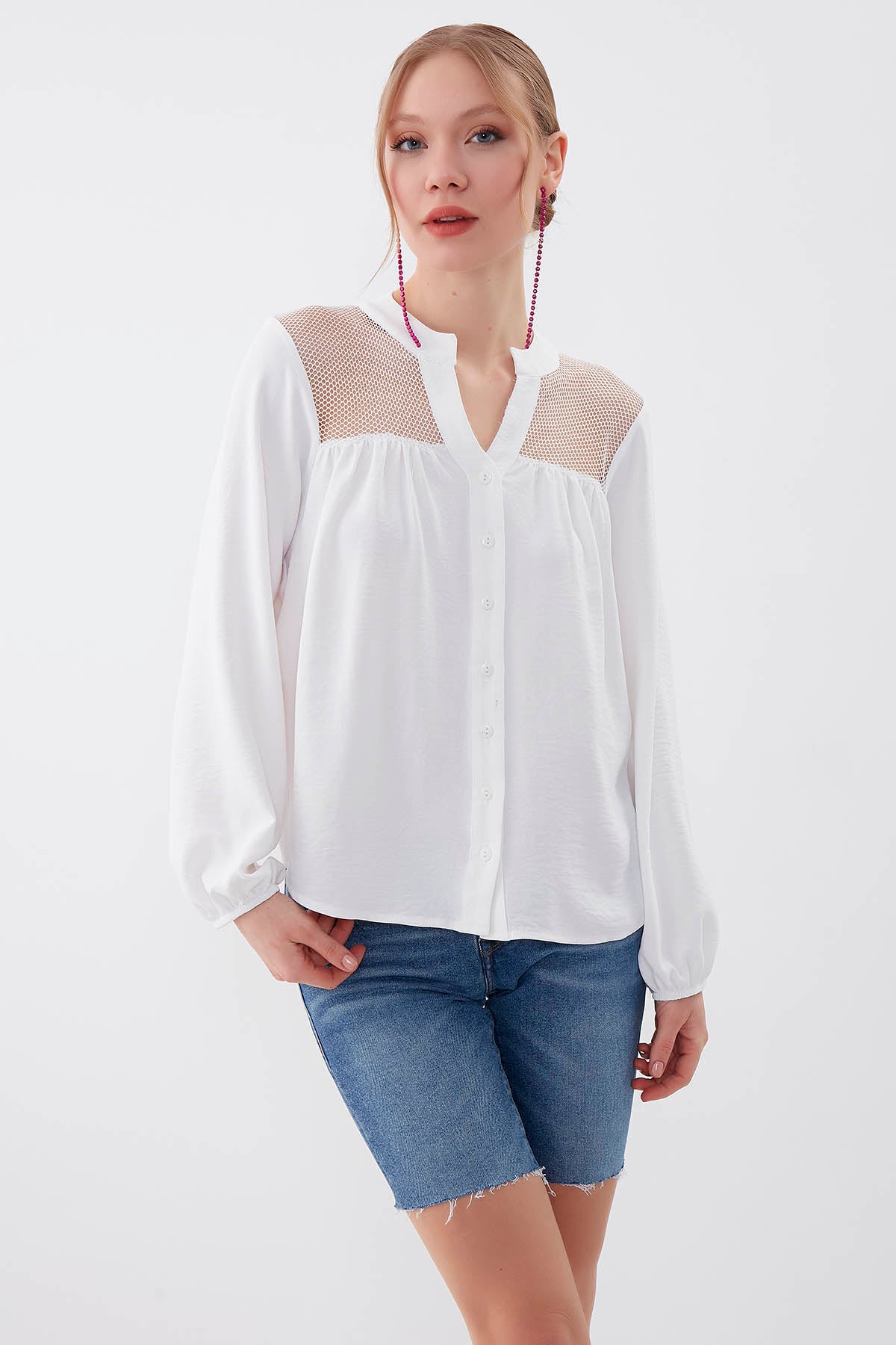LONG SLEEVE BLOUSE WITH HONEYCOMB PATTERN