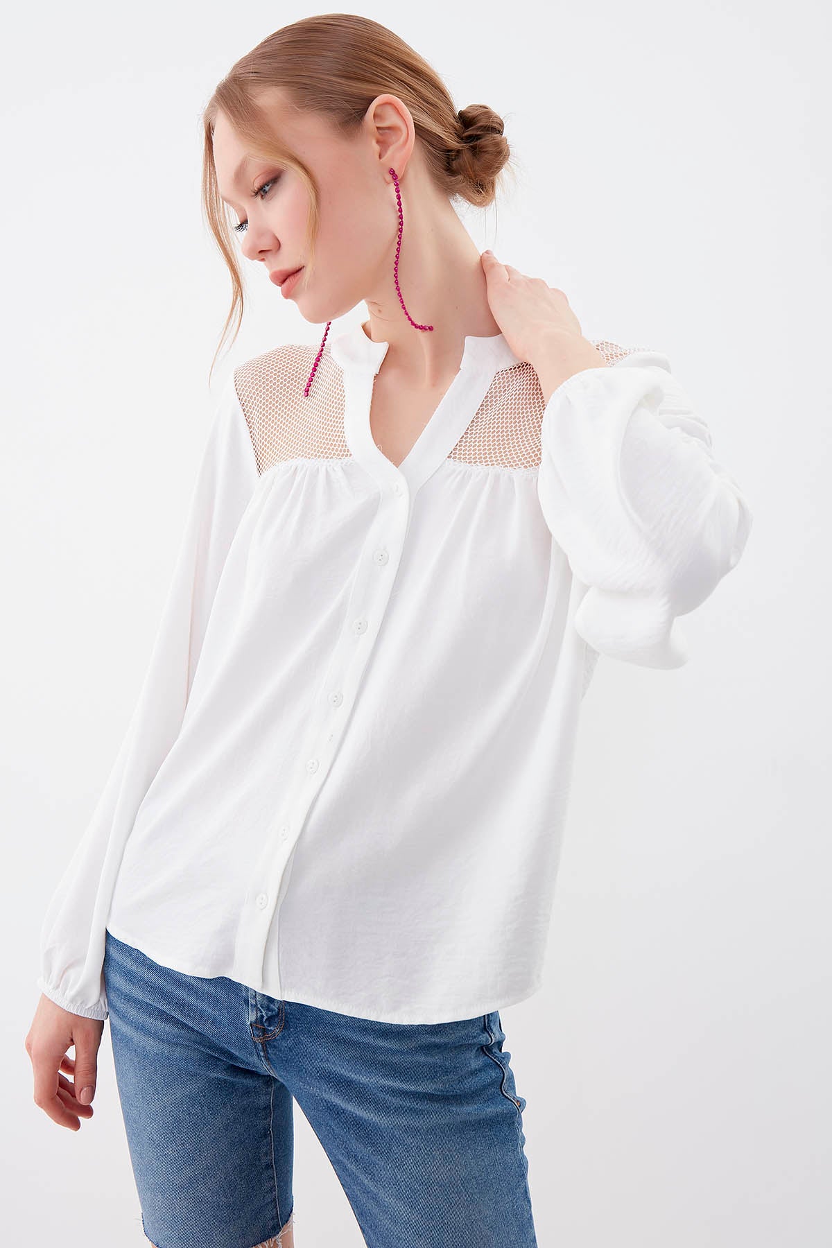 LONG SLEEVE BLOUSE WITH HONEYCOMB PATTERN